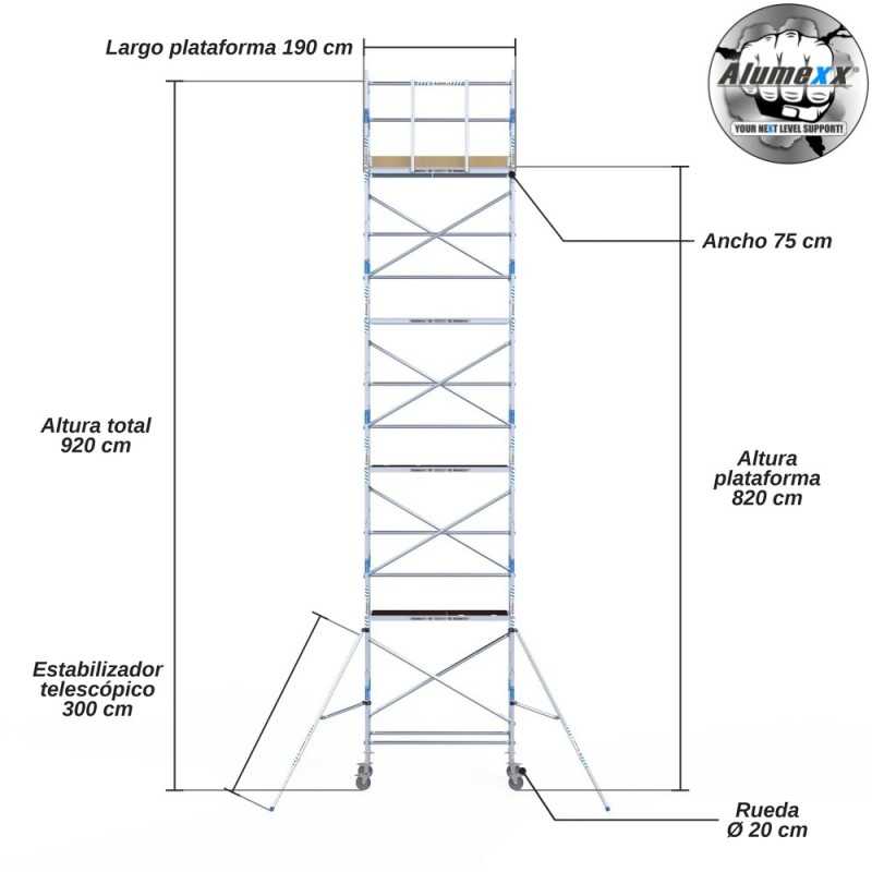 Torre Móvil Económica Alumexx 10,2m Altura de Trabajo, Estrecha 75x190