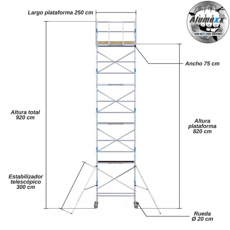 Torre Móvil Económica Alumexx 10,2m Altura de Trabajo, Estrecha 75x250
