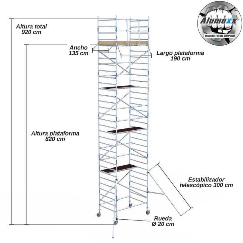 Torre Móvil Económica Alumexx 10,2m Altura de Trabajo, Ancha 135x190