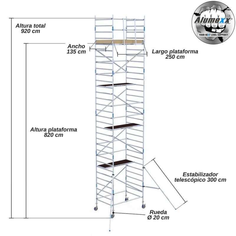Torre Móvil Económica Alumexx 10,2m Altura de Trabajo, Ancha 135x250