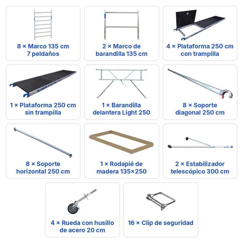 Torre Móvil Económica Alumexx 10,2m Altura de Trabajo, Ancha 135x250