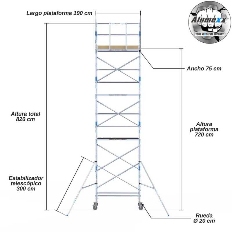 Torre Móvil Económica Alumexx 9,2m Altura de Trabajo, Estrecha 75x190