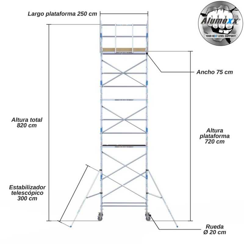 Torre Móvil Económica Alumexx 9,2m Altura de Trabajo, Estrecha 75x250