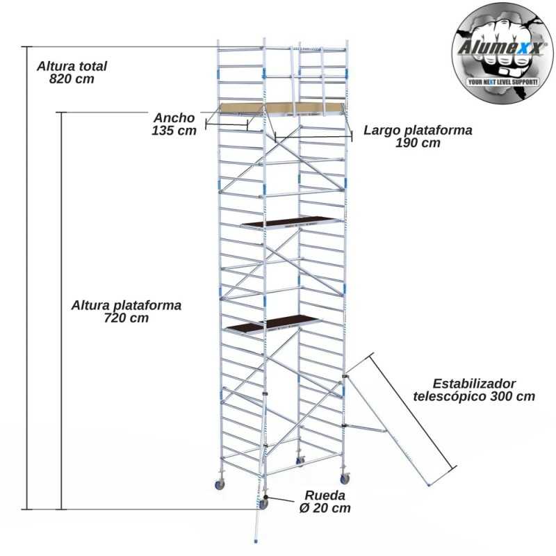 Torre Móvil Económica Alumexx 9,2m Altura de Trabajo, Ancha 135x190