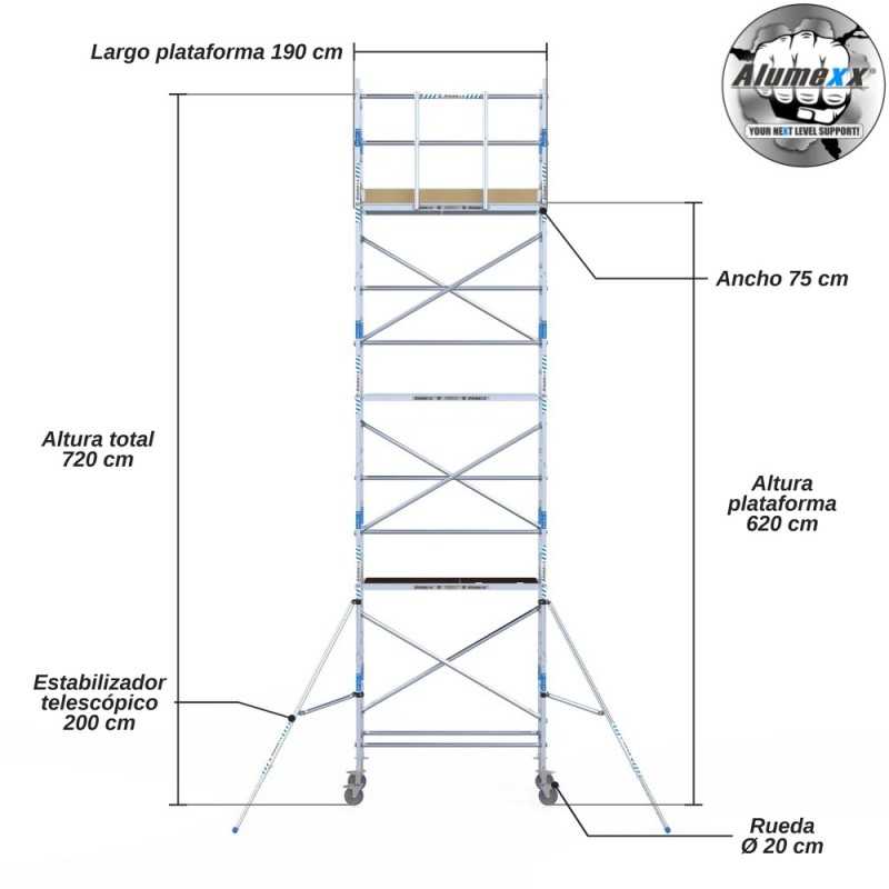 Torre Móvil Económica Alumexx 8,2m Altura de Trabajo, Estrecha 75x190