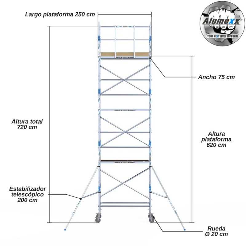 Torre Móvil Económica Alumexx 8,2m Altura de Trabajo, Estrecha 75x250