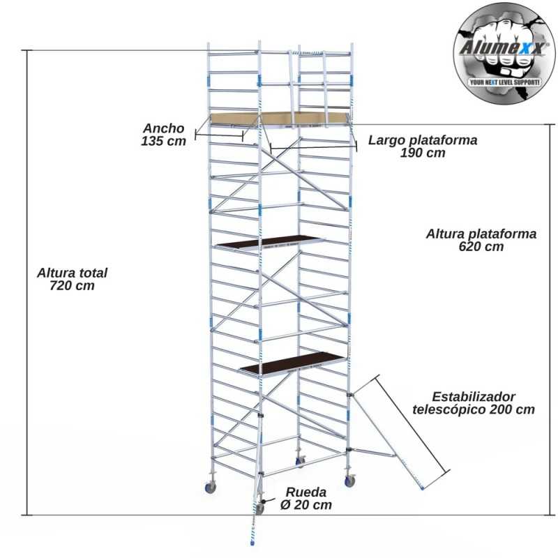 Torre Móvil Económica Alumexx 8,2m Altura de Trabajo, Ancha 135x190