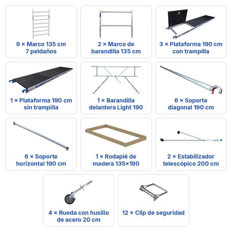 Torre Móvil Económica Alumexx 8,2m Altura de Trabajo, Ancha 135x190