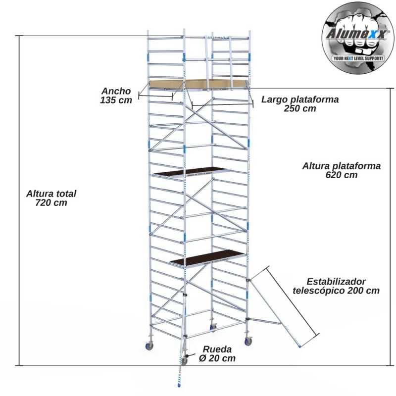 Torre Móvil Económica Alumexx 8,2m Altura de Trabajo, Ancha 135x250