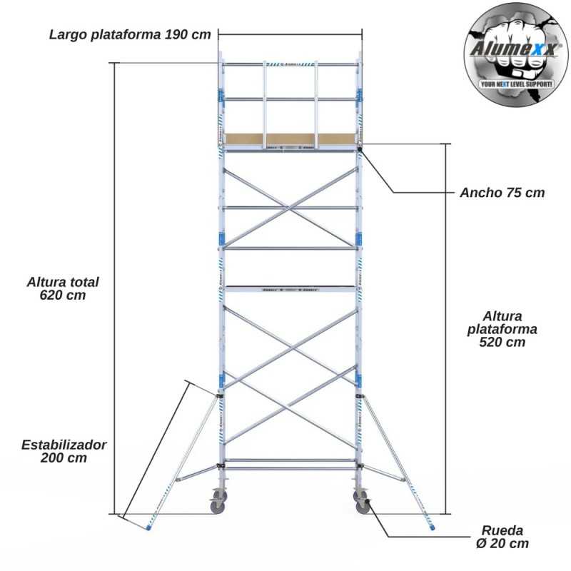 Torre Móvil Económica Alumexx 7,2m Altura de Trabajo, Estrecha 75x190