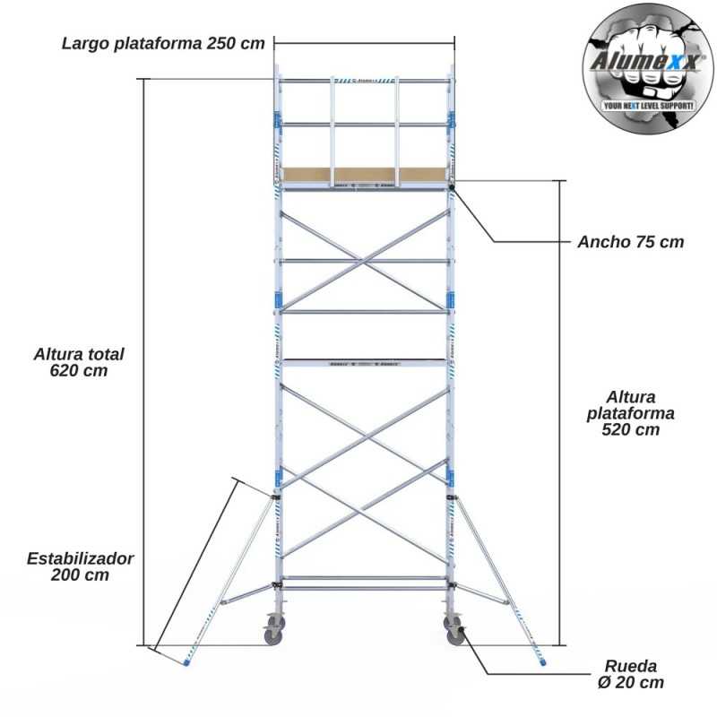 Torre Móvil Económica Alumexx 7,2m Altura de Trabajo, Estrecha 75x250