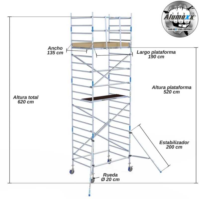 Torre Móvil Económica Alumexx 7,2m Altura de Trabajo, Ancha 135x190