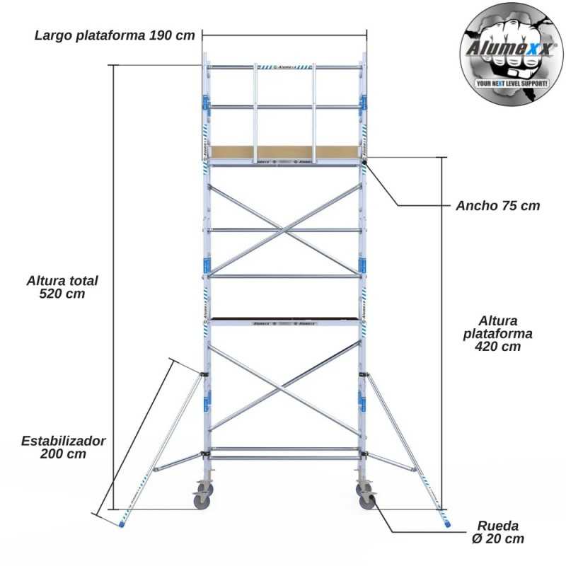 Torre Móvil Económica Alumexx 6,2m Altura de Trabajo, Estrecha 75x190