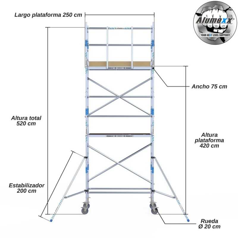 Torre Móvil Económica Alumexx 6,2m Altura de Trabajo, Estrecha 75x250