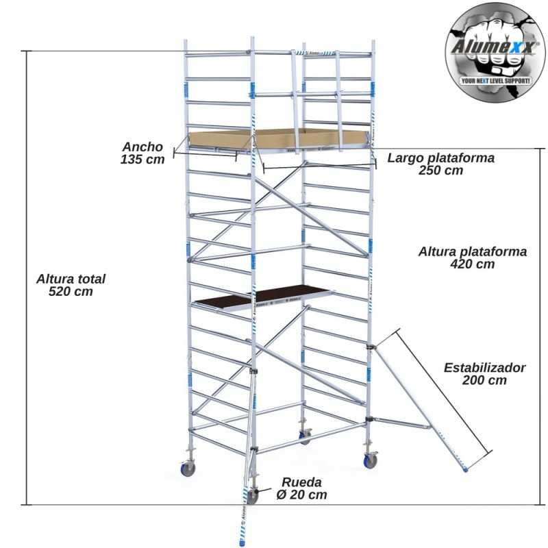 Torre Móvil Económica Alumexx 6,2m Altura de Trabajo, Ancha 135x250