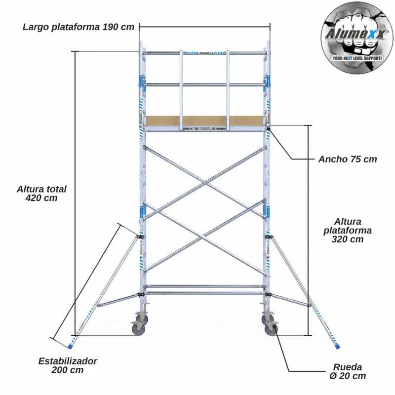 Torre Móvil Económica Alumexx 5,2m Altura de Trabajo, Estrecha 75x190