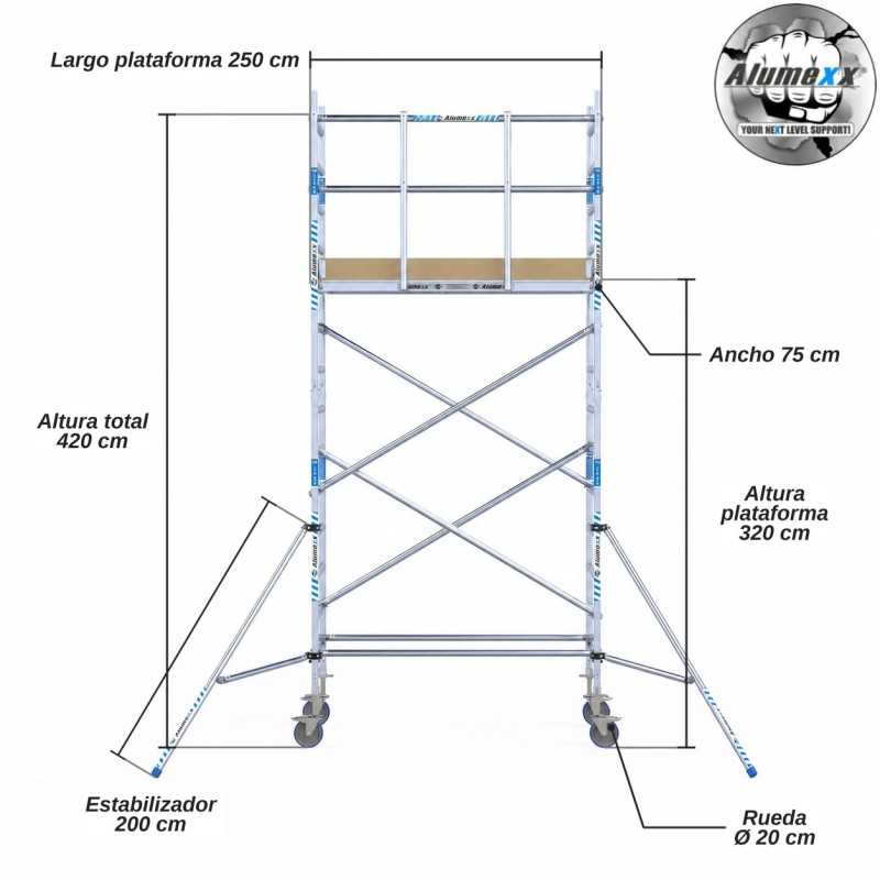 Torre Móvil Económica Alumexx 5,2m Altura de Trabajo, Estrecha 75x250