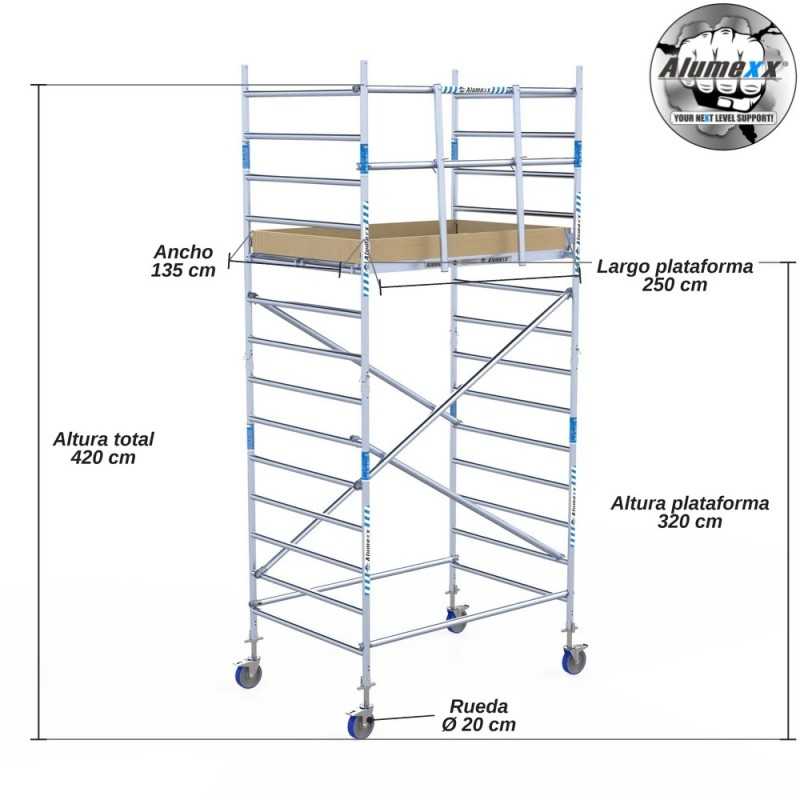 Torre Móvil Económica Alumexx 5,2m Altura de Trabajo, Ancha 135x250