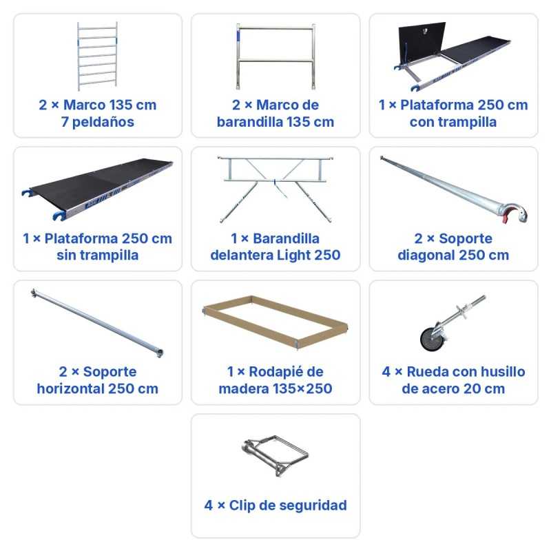 Torre Móvil Económica Alumexx 4,2m Altura de Trabajo, Ancha 135x250