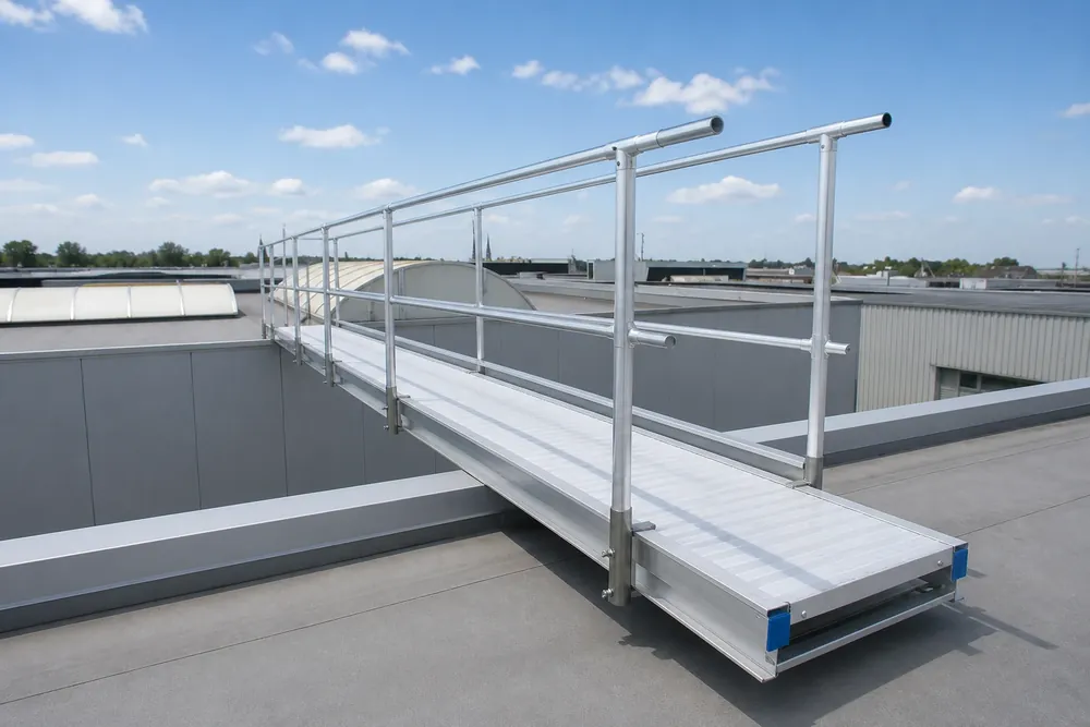 Pasarela profesional de aluminio instalada entre cubiertas industriales